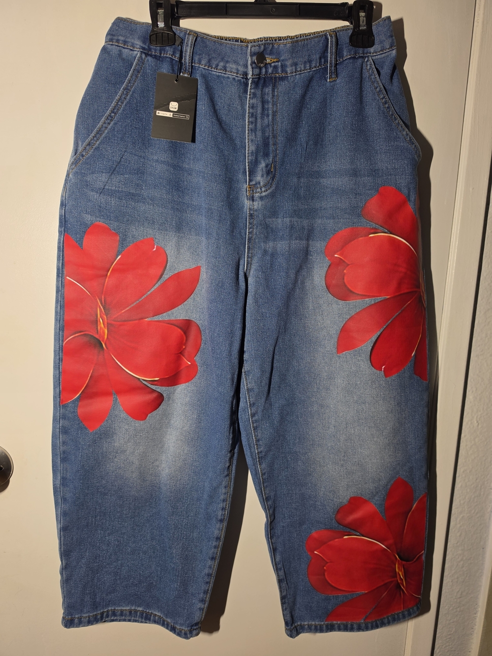 Women’s Blue Denim Jeans with Red Floral Print